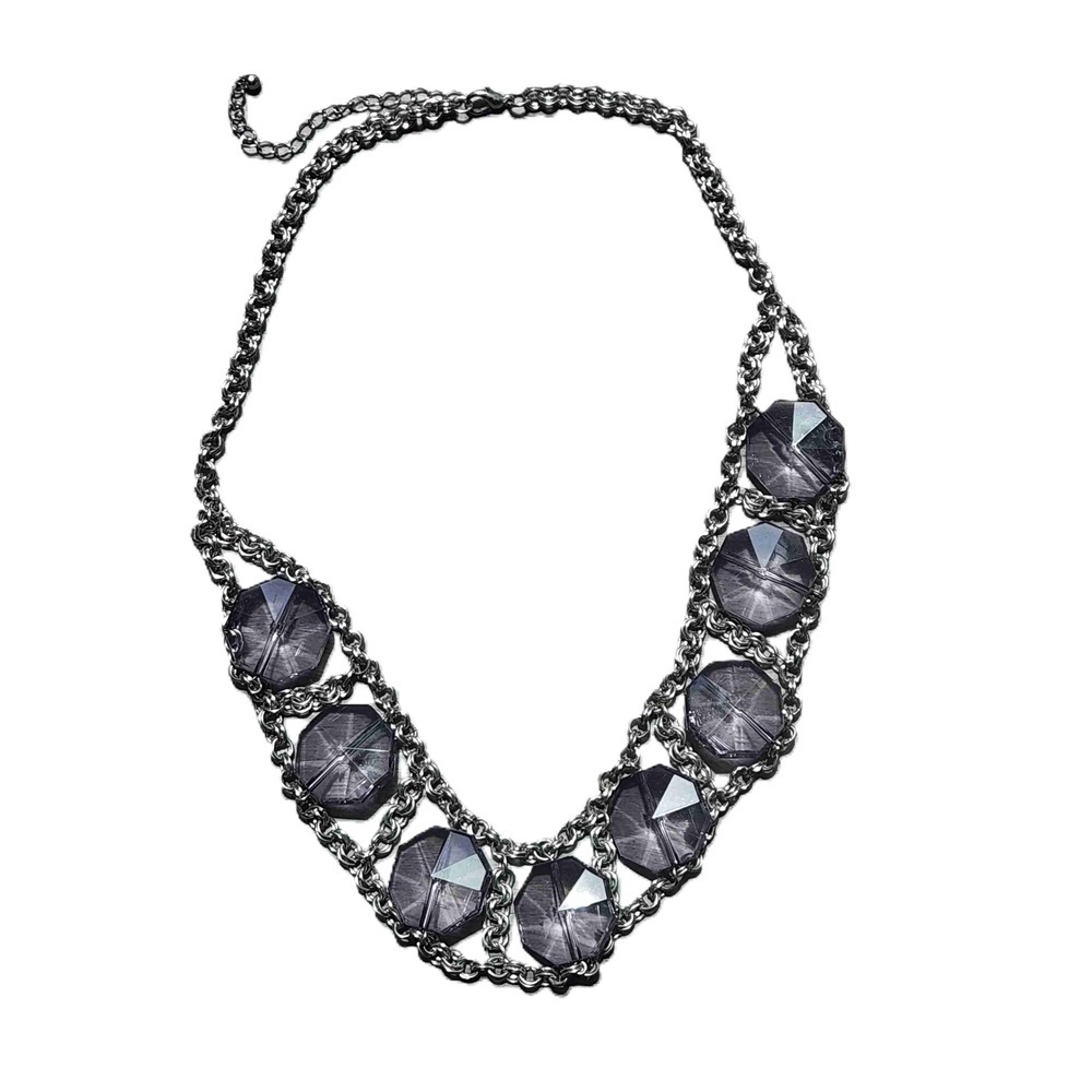 Womens Blue Gray Faceted Bead Statement Necklace